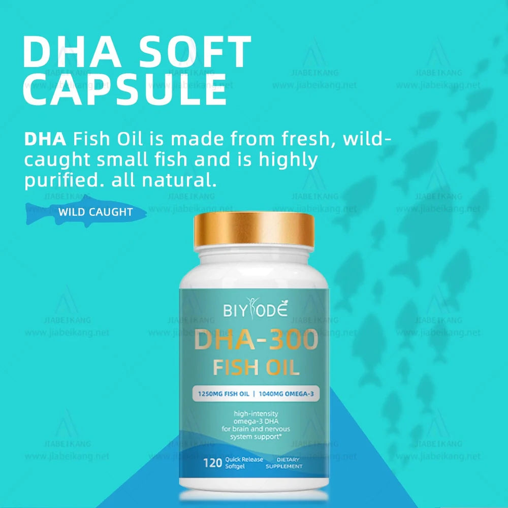 DHA-300 Omega-3 Fish Oil Softgel Capsules bottle containing 120 capsules for joint and immune support