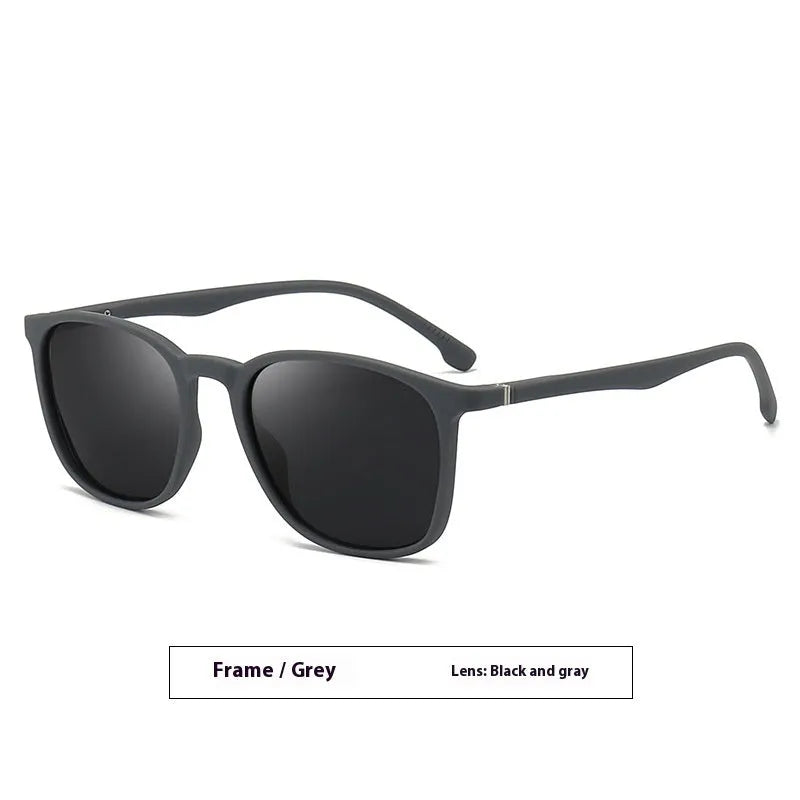 Men's polarised sunglasses with a PC frame and multiple lens colour options including dark green and grey.