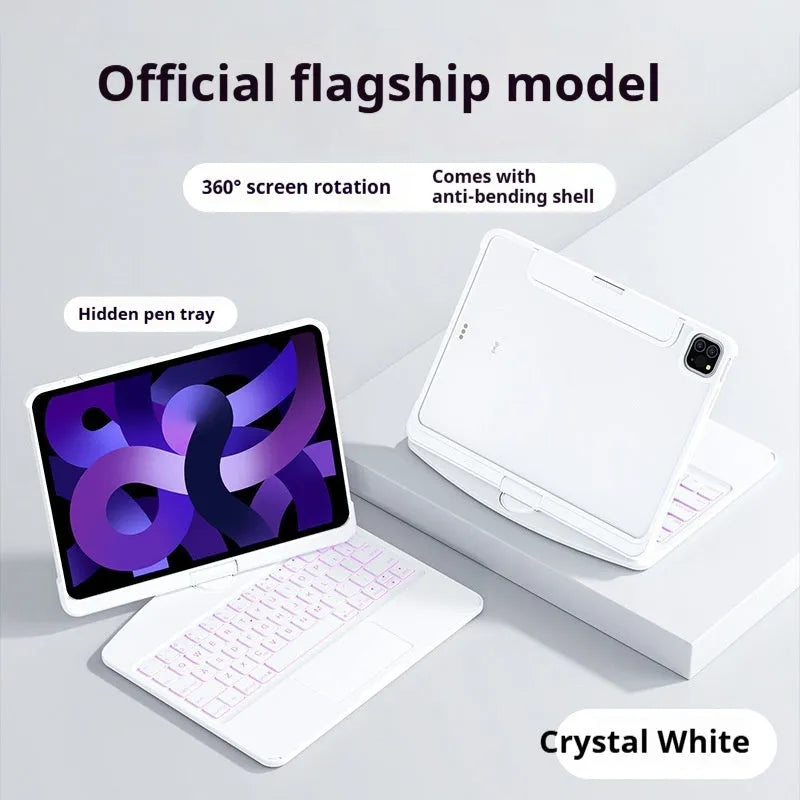 Transparent rotating keyboard case for iPad Air 5 with detachable Bluetooth keyboard open.