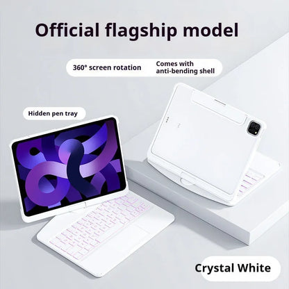 Transparent rotating keyboard case for iPad Air 5 with detachable Bluetooth keyboard open.