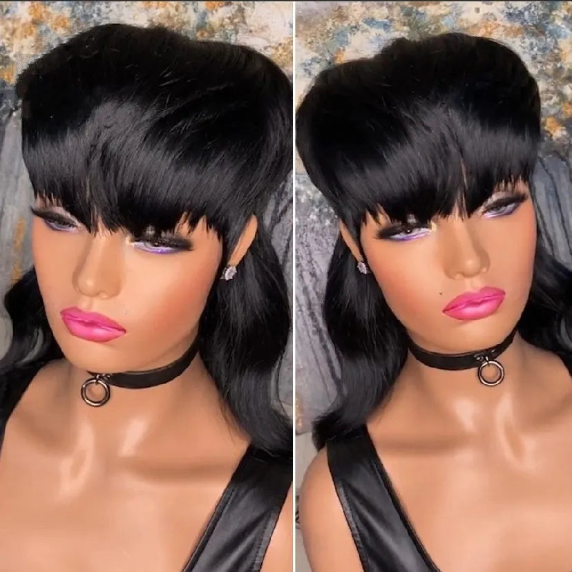 Black long synthetic Brazilian wig with short front bangs and wavy texture.