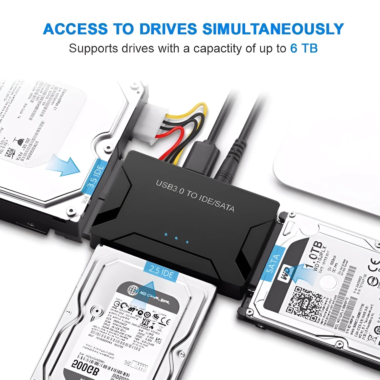 USB to IDE and SATA hard drive adapter with power supply and data cables for desktop drive connectivity