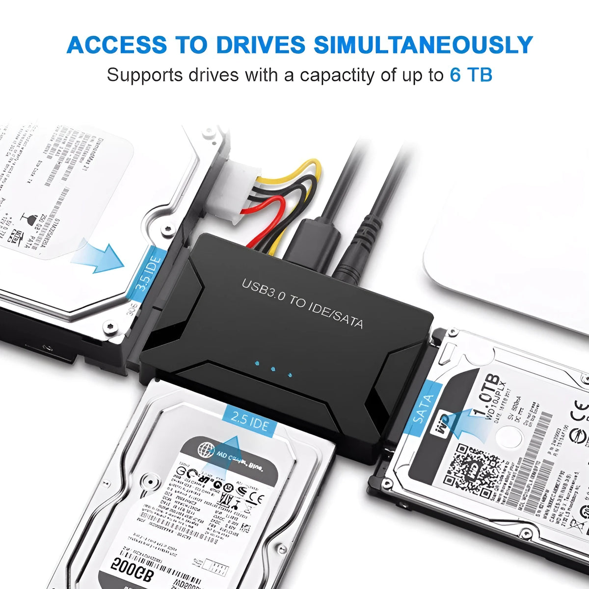 USB to IDE and SATA hard drive adapter with power supply and data cables for desktop drive connectivity