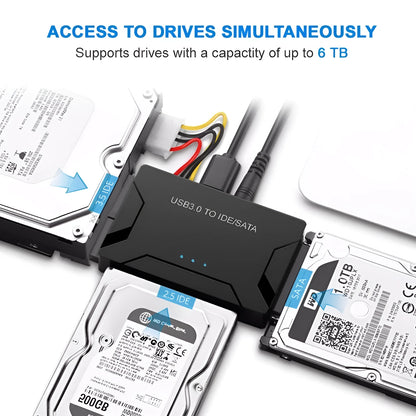 USB to IDE and SATA hard drive adapter with power supply and data cables for desktop drive connectivity