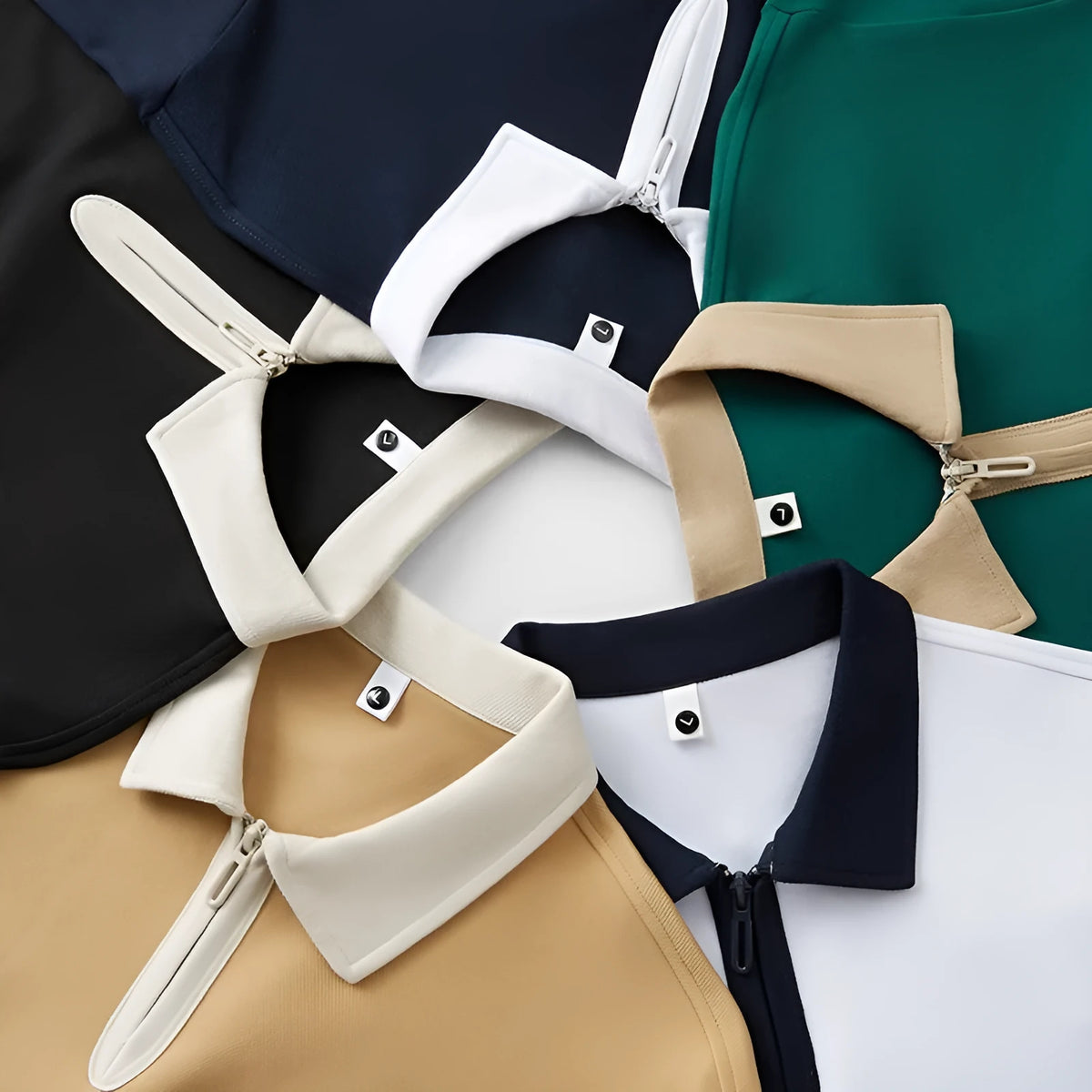 Zipper and lapel polo shirt in solid colour with short sleeves and loose fit