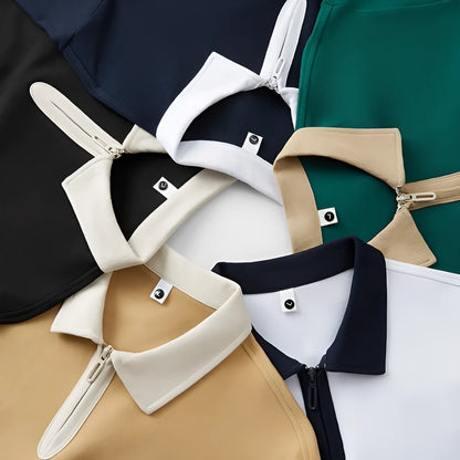 Zipper and lapel polo shirt in solid colour with short sleeves and loose fit