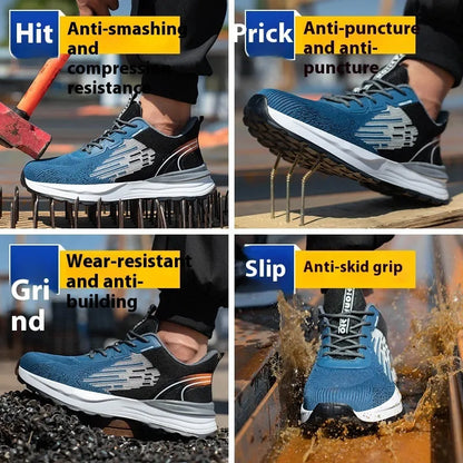 Blue men's low-top safety work shoes with plastic toe cap and breathable Flyknit mesh upper.