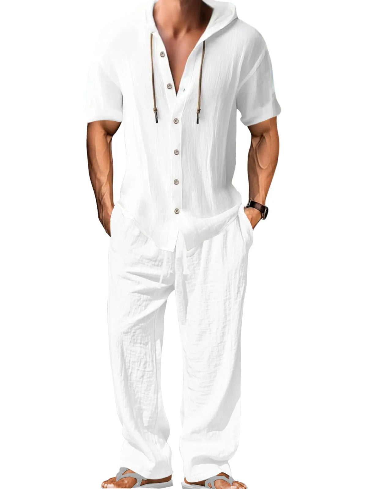 Men's white cotton sports leisure suit with long sleeves and matching trousers shown as complete two-piece set