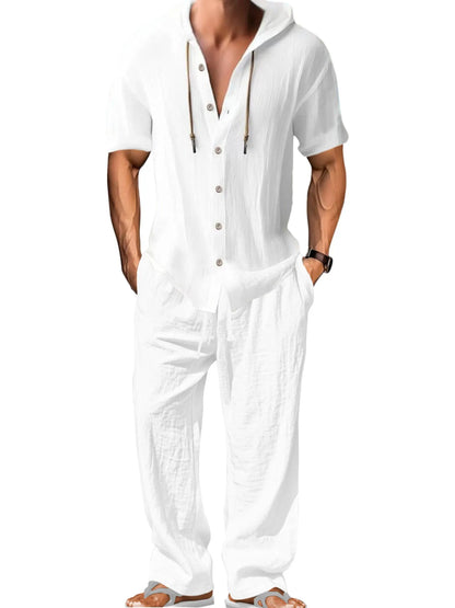 Men's white cotton sports leisure suit with long sleeves and matching trousers shown as complete two-piece set