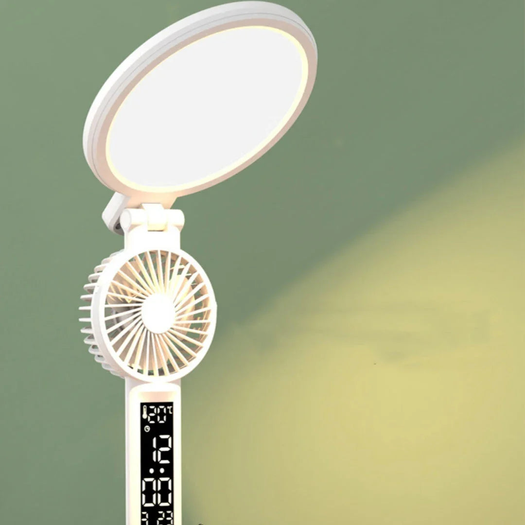 Multifunctional LED desk lamp with USB charging, adjustable brightness, and integrated fan for cooling and air circulation