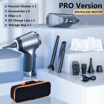 Car mounted brushless handheld inflatable vacuum cleaner with EVA bag on green background