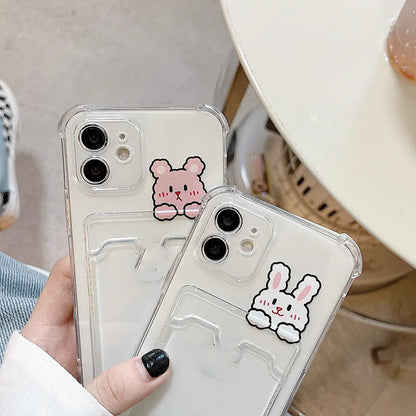 Cartoon design transparent iPhone case with card holder slots showing 2 cards stored
