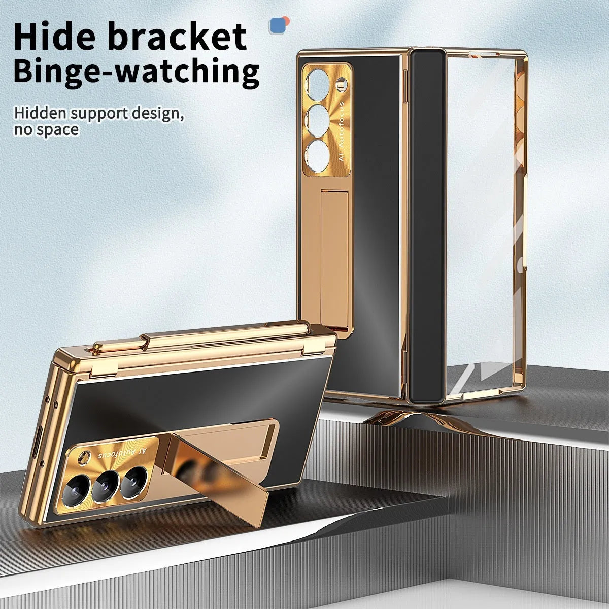 Aluminium alloy flip phone case for Samsung Z Fold 6 with magnetic suction and bracket in gold or black armour colour