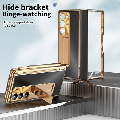 Aluminium alloy flip phone case for Samsung Z Fold 6 with magnetic suction and bracket in gold or black armour colour