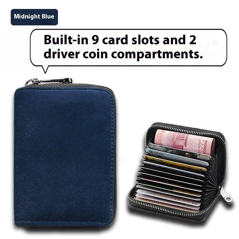Men's suede-effect PU leather card holder with anti-degaussing protection showing card slots