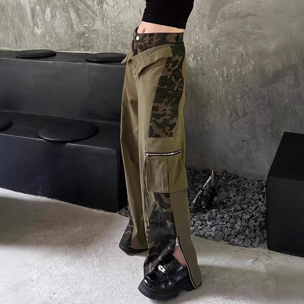 Women's dark khaki high waist jeans with leopard print and contrast stitching detail