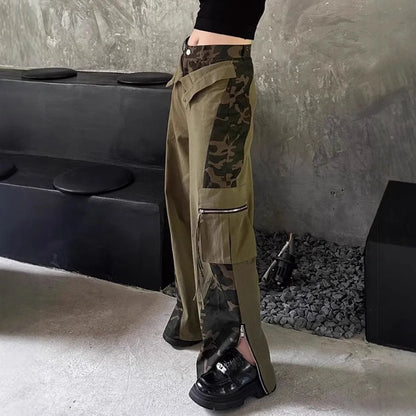 Women's dark khaki high waist jeans with leopard print and contrast stitching detail