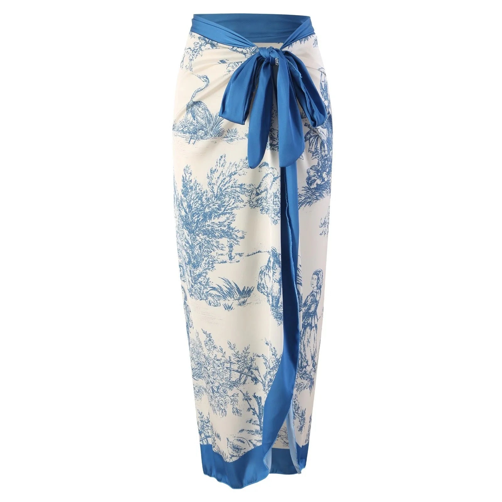 Blue women's one-piece swimsuit on a hanger with a separate gauze skirt.