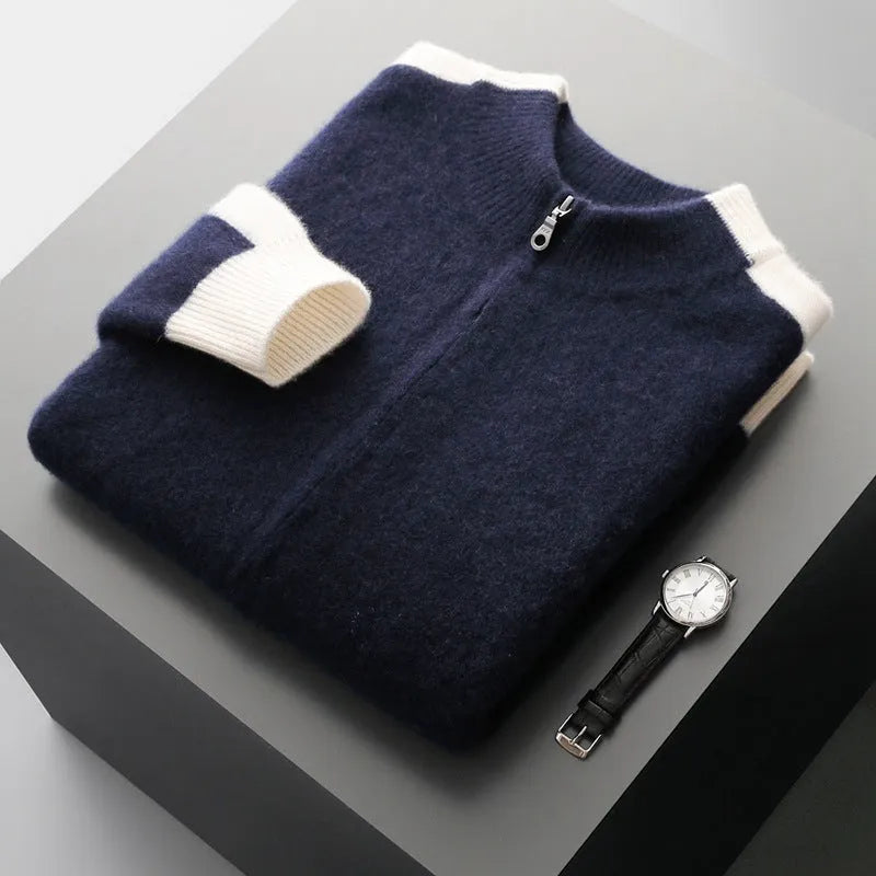 Men's half turtleneck zipper cardigan in thickened wool yarn, loose fit, available in four colours