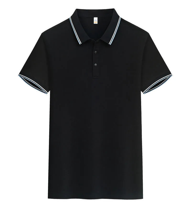 Men's pure cotton short sleeve polo shirt with lapels in a range of colours on a hanger.