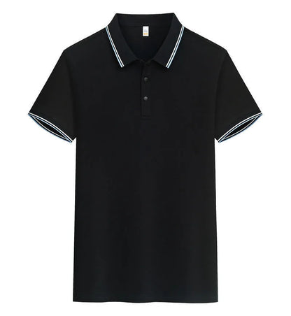 Men's pure cotton short sleeve polo shirt with lapels in a range of colours on a hanger.