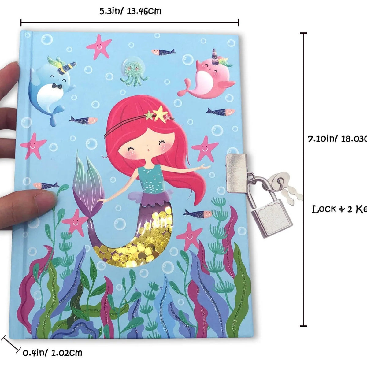 Children's mermaid printed notebook with lock, paper cover, thread binding, and 80 sheets of 70gsm raw wood pulp paper.