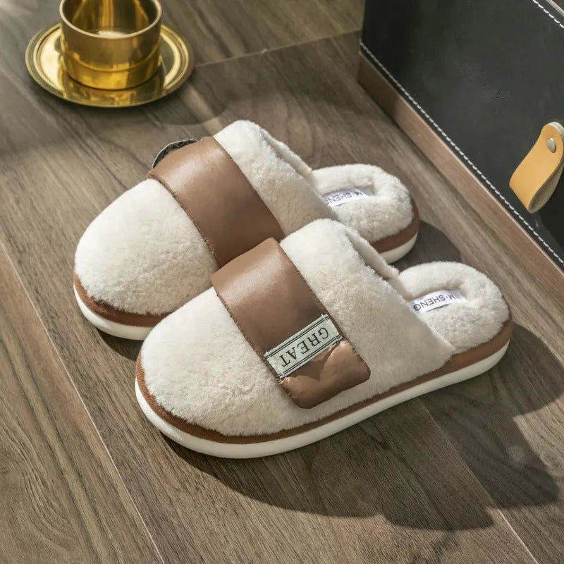 Beige Velcro-fastening plush indoor slippers with round toe and non-slip plastic sole.
