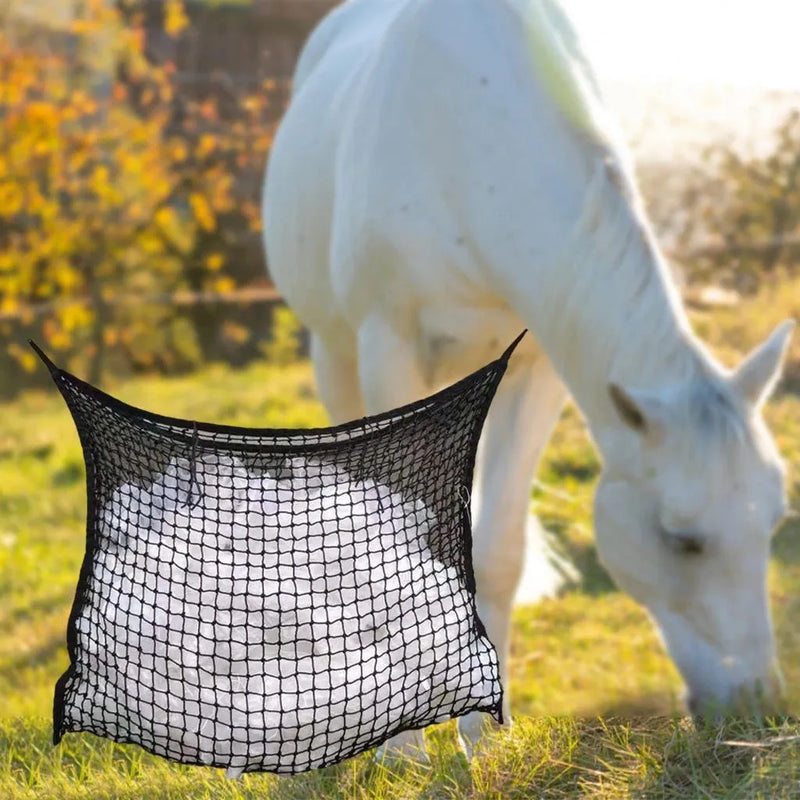 Weaving grid horse hanging feeding bag available in black and white, constructed from woven PE rope for cattle, horses, and sheep. Four practical sizes available: 60x90cm, 80x90cm, 120x90cm, and 160x100cm for versatile stable or farm use.