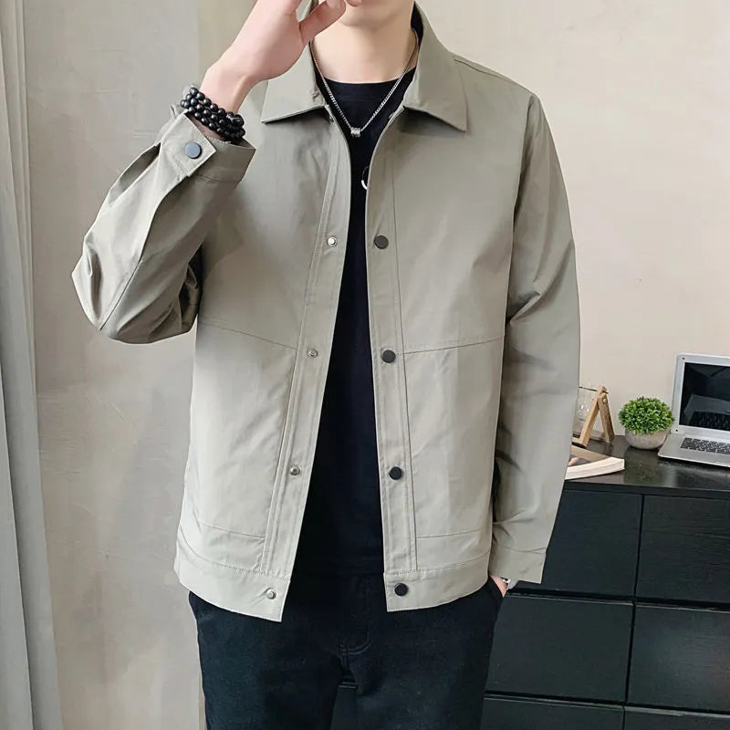 Men's single-layer Korean style jacket in light grey, showing front view and stitching detail.