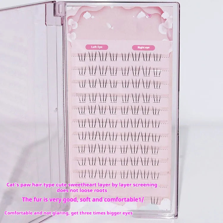 Natural long, pointed tail false eyelashes with 12-row kitten's paw lower lash design in 4mm, 5mm, and 6mm lengths.