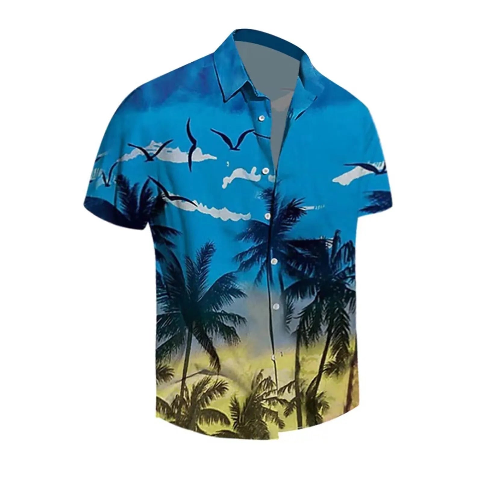 Men's short-sleeved Hawaiian shirt with a colourful 3D printed pattern.