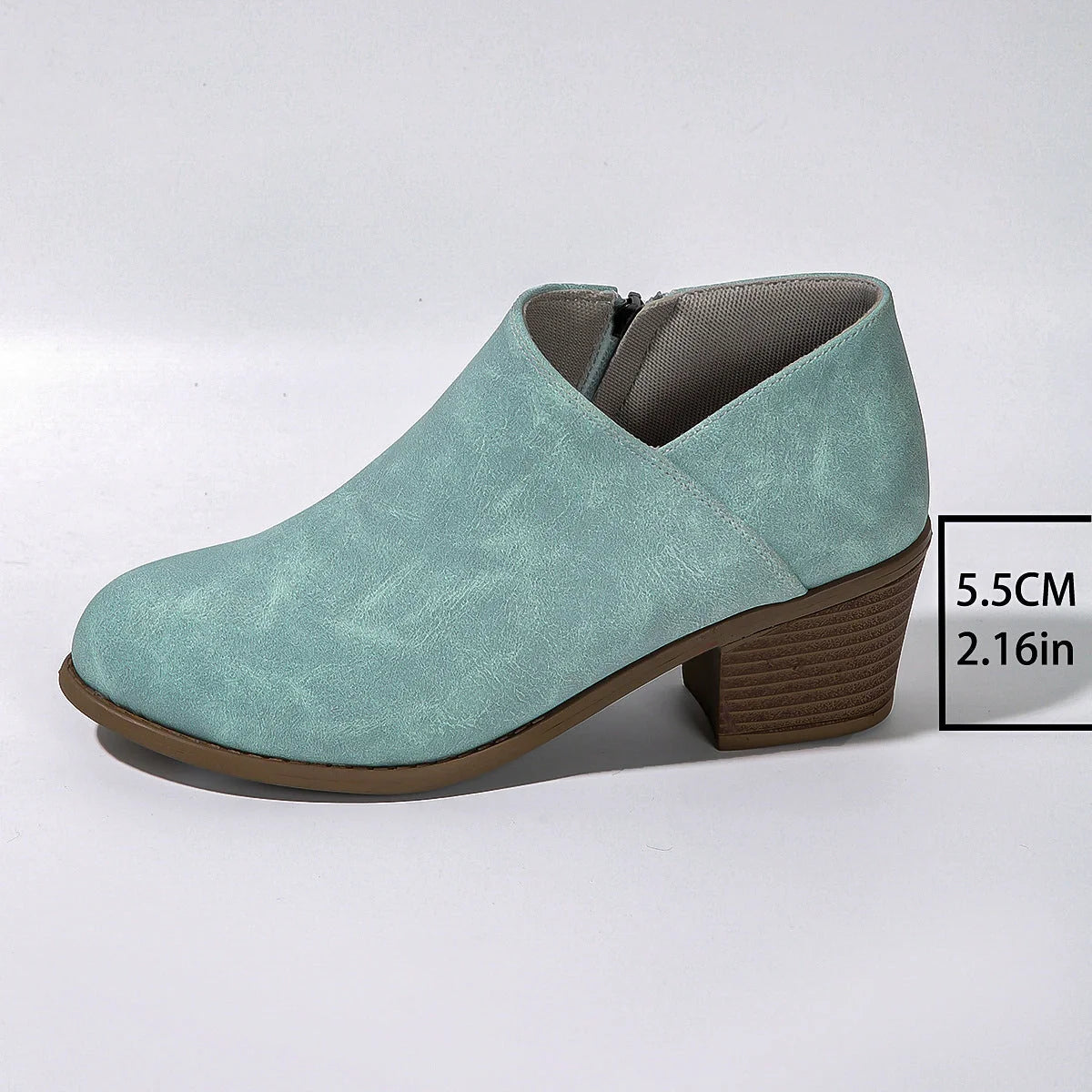 Women's chunky heel ankle boots with side zipper in blue, black, and khaki