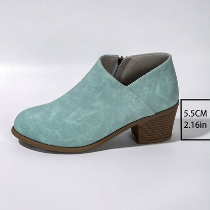 Women's chunky heel ankle boots with side zipper in blue, black, and khaki
