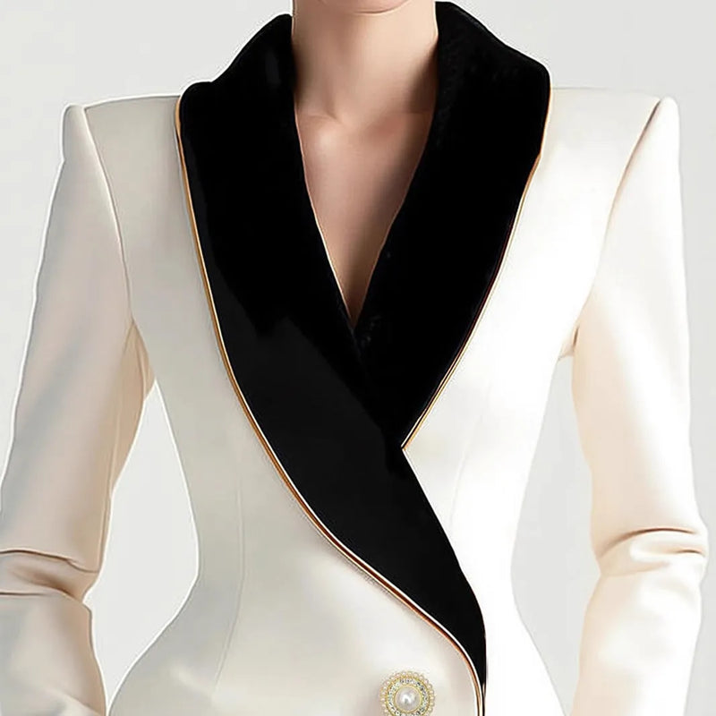 Women's coat with golden edge pearl button detail in milky white long sleeve polyester TR fabric, irregular fashion medium length 65cm jacket available in sizes S M L XL XXL