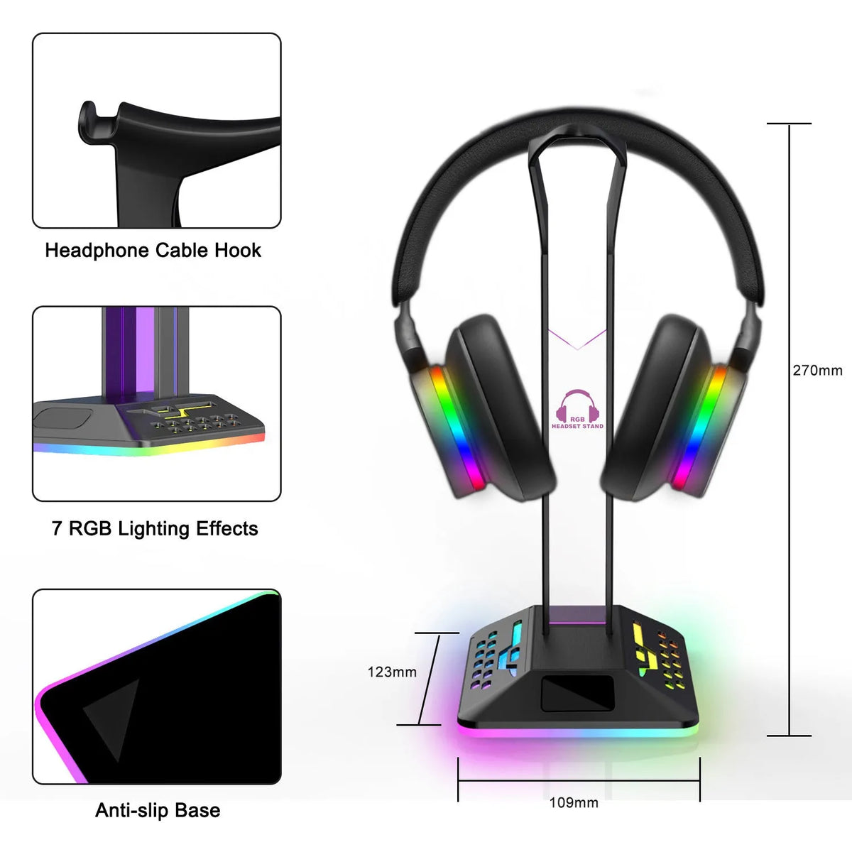 RGB colour changing headset bracket stand with dual USB ports on a desktop