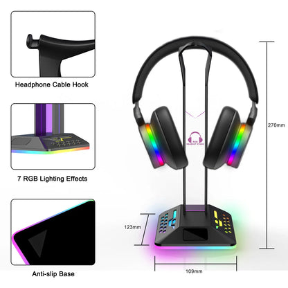RGB colour changing headset bracket stand with dual USB ports on a desktop