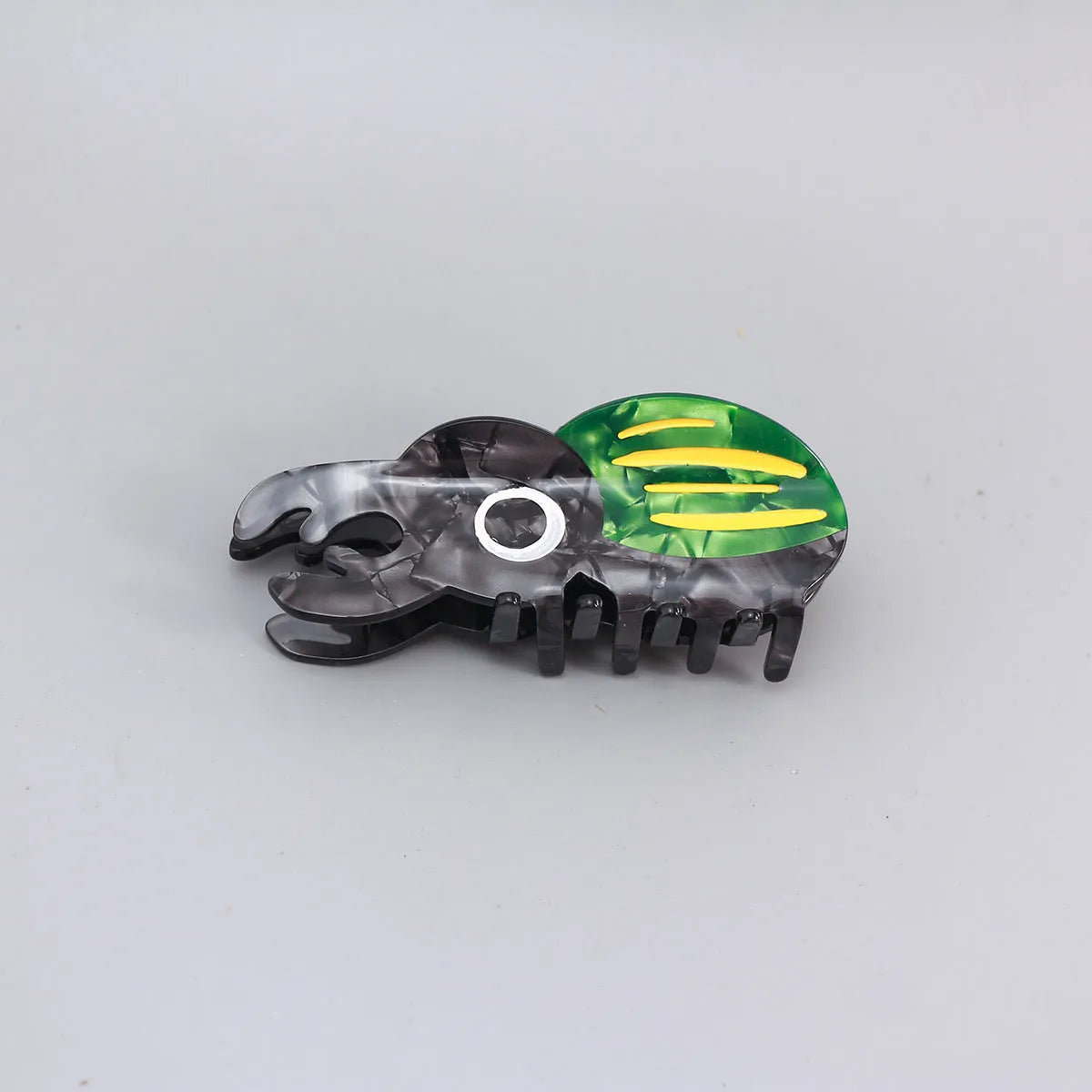 Handmade cellulose acetate beetle grip with caterpillar element in cartoon style decorative clip