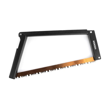 Black foldable outdoor saw with aluminium frame and PA66 nylon handle in open position.
