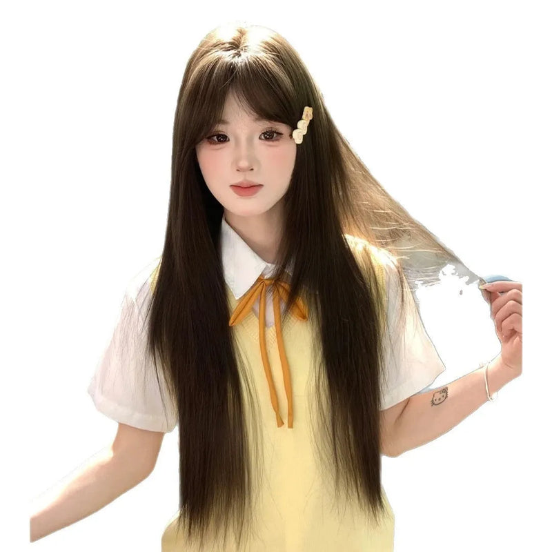 Full repair inner angle high level long straight hair full-head wig in cold brown or dark brown made from high temperature fibre for covering facial skin repair and anti-ageing with included hair net or five-piece comb set