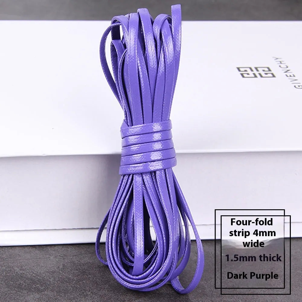 Coiled reels of PU leather craft string in multiple colours including beige, black, red, and blue.