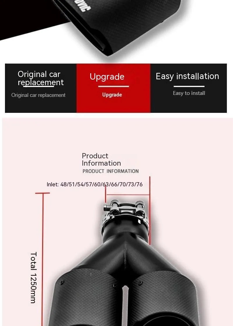 Black carbon fibre car exhaust pipe with dual outlet design for vehicle modification