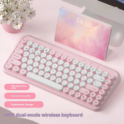 Pink wireless Bluetooth keyboard with 84 keys showing crater architecture buttons