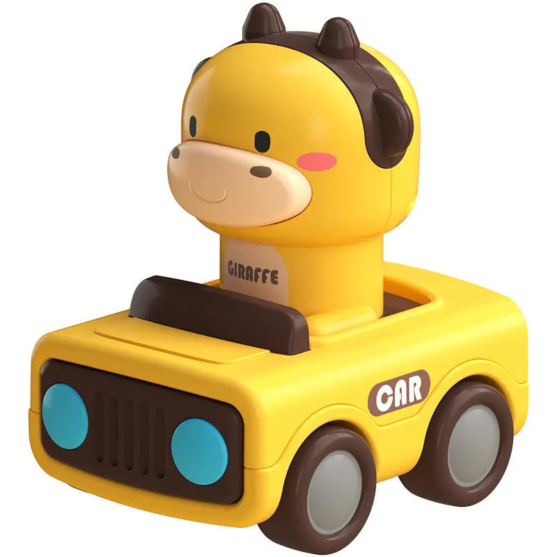 Plastic pressing animal car toy in yellow deer, orange calf, blue lamb, and green calf colours