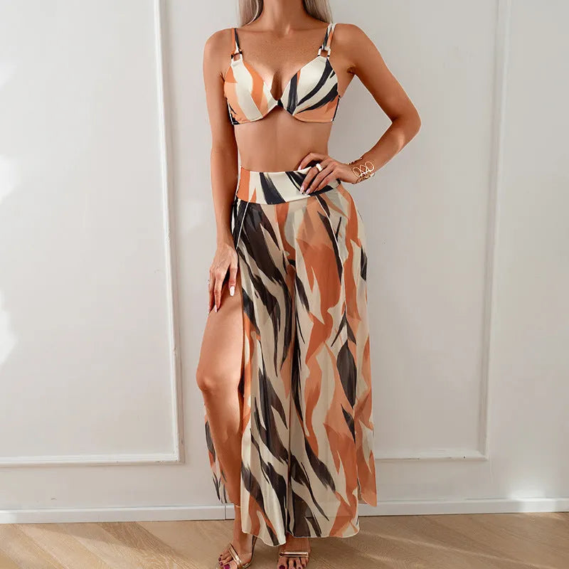 Women's three-piece polyester bikini set in quick-drying fabric with high elasticity