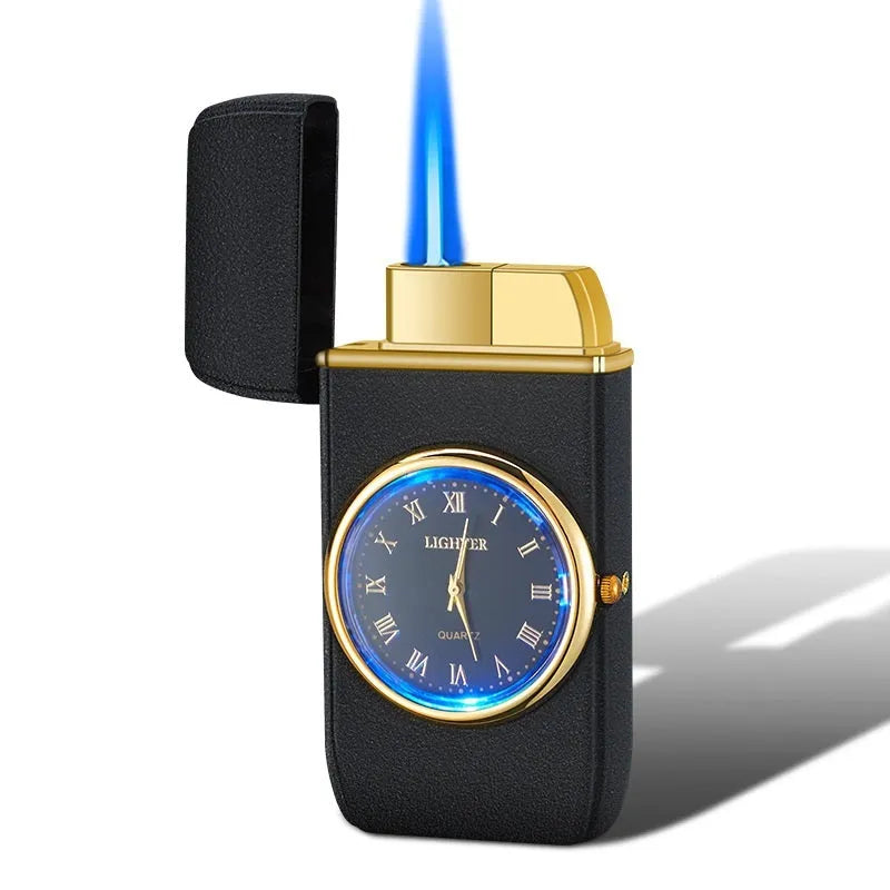 Multifunctional electronic watch lighter in black brushed metal showing watch face and ignition button.