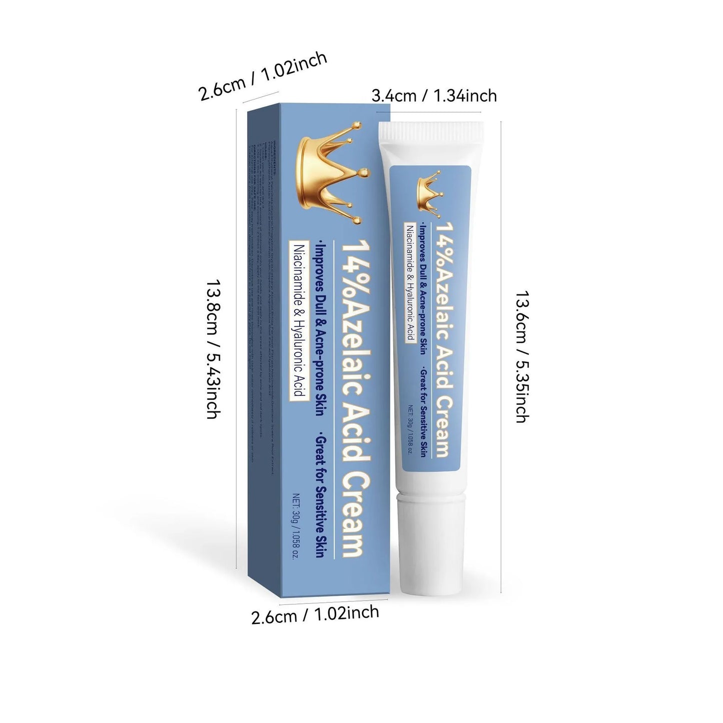Blue azelaic acid cream tube with 30g content and FPA035 product code