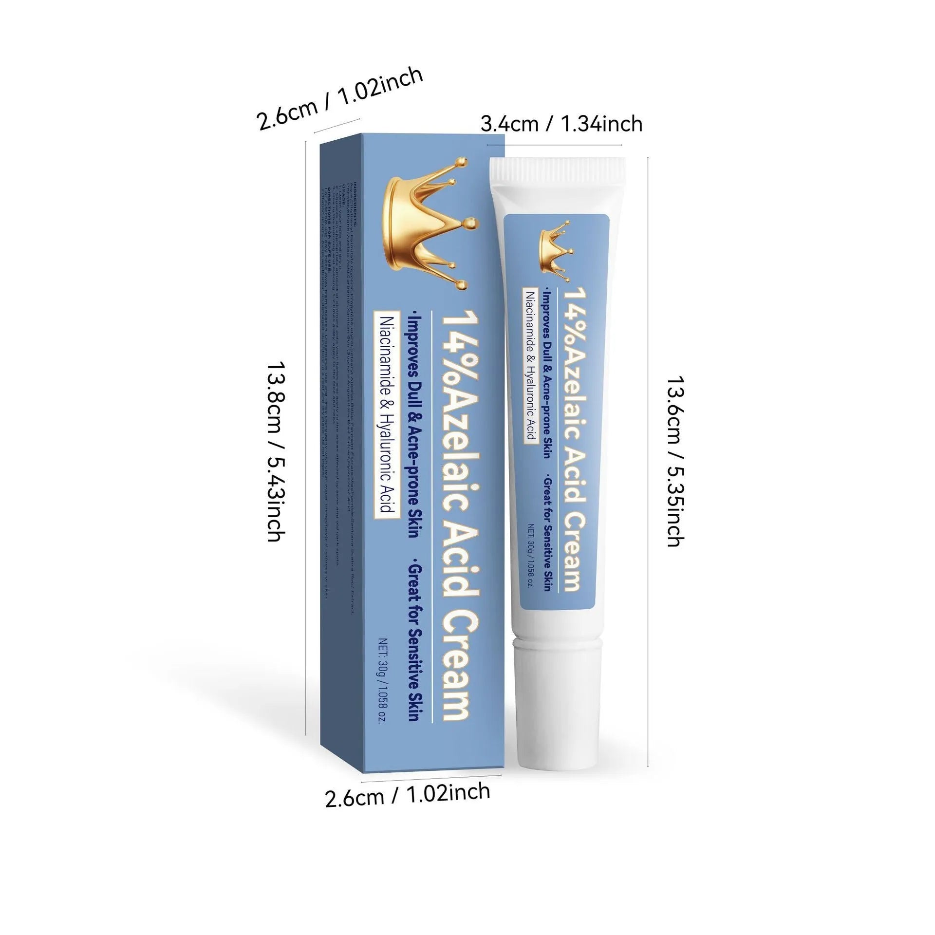 Blue azelaic acid cream tube with 30g content and FPA035 product code