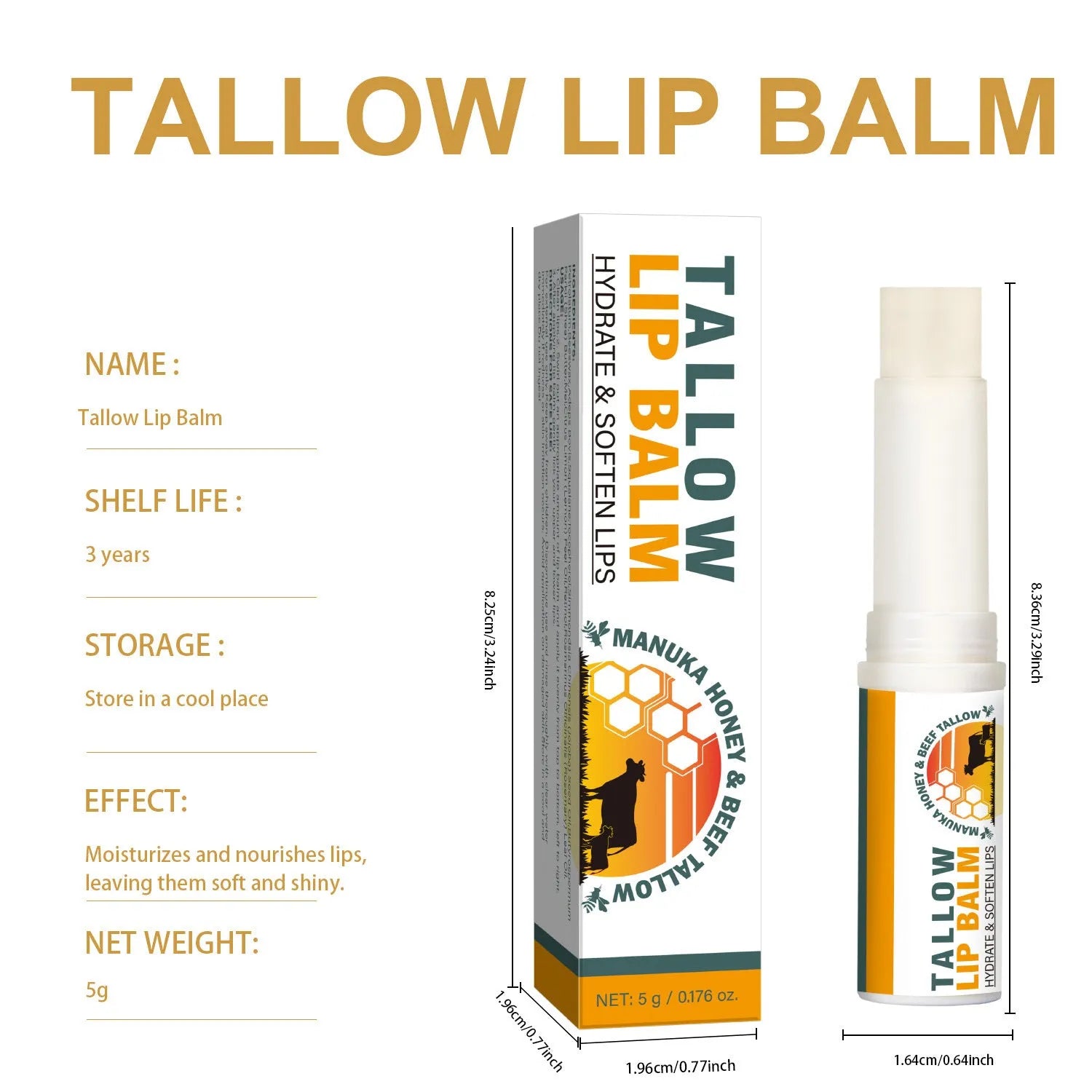 5g tallow lip balm refillable stick measuring 83mm in length with 19mm diameter