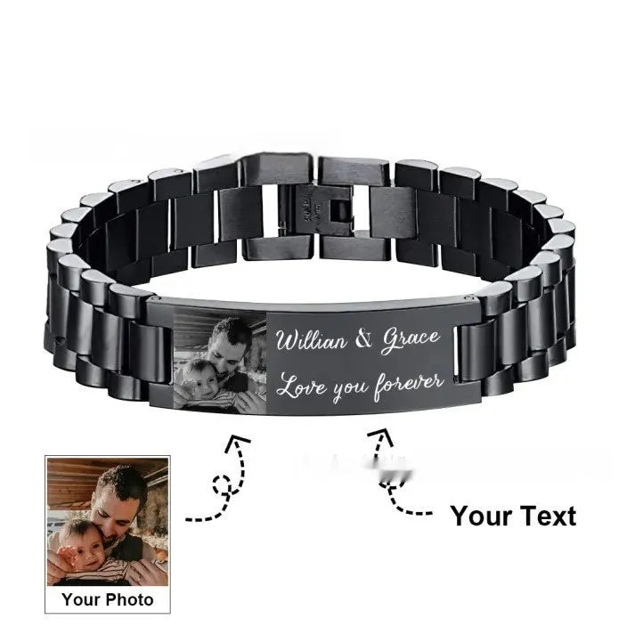 Men's titanium steel bracelet with curved heart shape and black electroplated lettering on wrist.