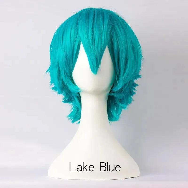 Short-length anime cosplay wig in high-temperature fibre on a stand.